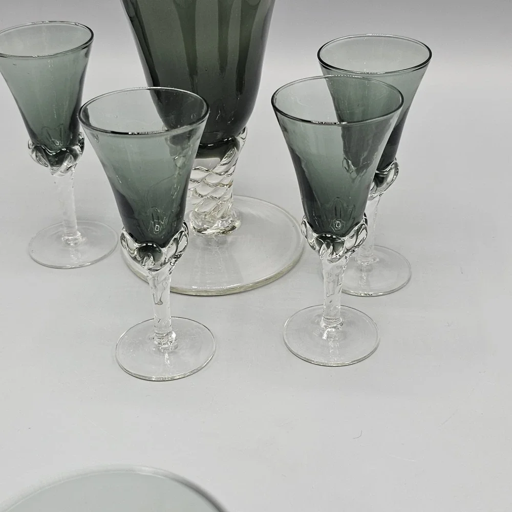 Vintage Empoli Italian Smoke Grey Decanter & Cordial Glasses Set 5 Twisted‎ Foot